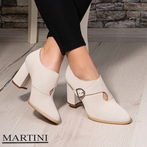 Women's Pumps ~ Beige Pumps ~ Pointy Toe Heels ~ Chunky High Heels ~ Sparkling High Heels ~ Genuine Leather ~ Elegant Pumps ~ Buckle Shoes
