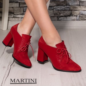 Red Oxford Shoes ~ Suede Leather ~ Red Chunky Heels ~ Pointy Toe Shoes ~ Shoes with Ties ~ Stylish Heels ~ Sparkling Oxfords ~ Sexy Heels