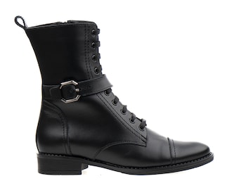 Handmade Black Leather Ankle Boots: Buckle Lace-Up, Chunky Heel