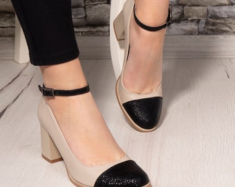 Handmade Leather Mary Janes: Beige Chunky Heel Shoes with Sparkling Ankle Strap