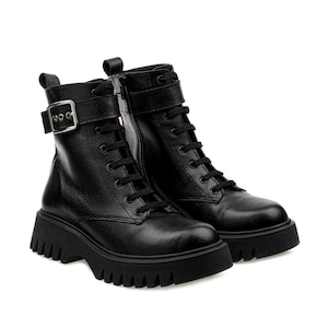 Handmade Black Leather Combat Boots: Buckle Zippered Chunky Heel