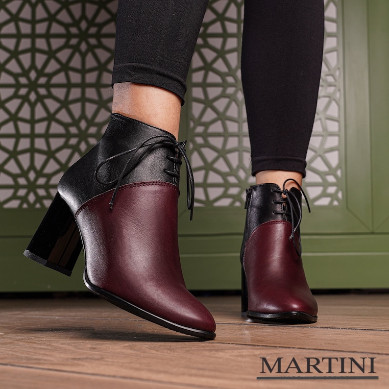 Women Boots ~ Black Leather High Heel Boots ~ Women Boots ~ Elegant High Heel Boots ~Tie Ankle Boots ~ Burgundy Shoes ~ Genuine Leather