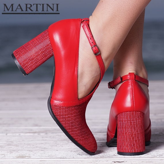 red thick heel shoes