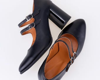 Black Mary Janes ~ Genuine Leather ~ High Chunky Heels ~ Ankle Strap ~ Stylish Shoes ~ Elegant Heels