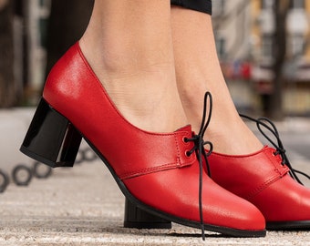 Red Leather Oxford Shoes: Chunky Heel Black Tie Shoes