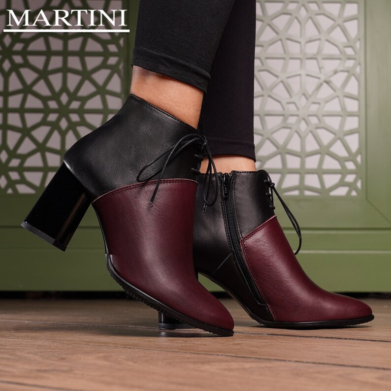 Women Boots ~ Black Leather High Heel Boots ~ Women Boots ~ Elegant High Heel Boots ~Tie Ankle Boots ~ Burgundy Shoes ~ Genuine Leather