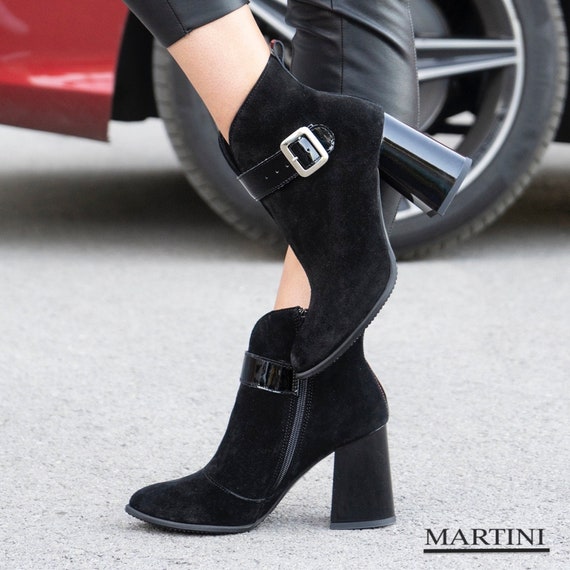 Black Suede Ankle Boots Patent Leather 