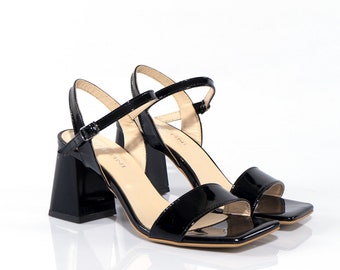Elegant Black Mary Jane Sandals with Chunky Heels ~ Natural Leather Shoes ~ High Chunky Heel Sandals ~ Square Open Toe ~ Mary Jane Pumps