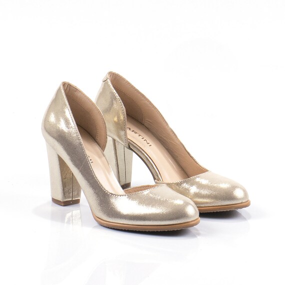 Elegante goudkleurige pumps met hoge dikke hak echt leer - Etsy België