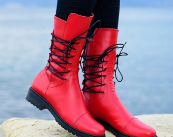 Women Boots ~ Red Boots ~ Boots with ties ~ Genuine Leather Boots ~ Chunky Heel Boots ~ Zippered Boots ~ Warm Boots ~ Black and red