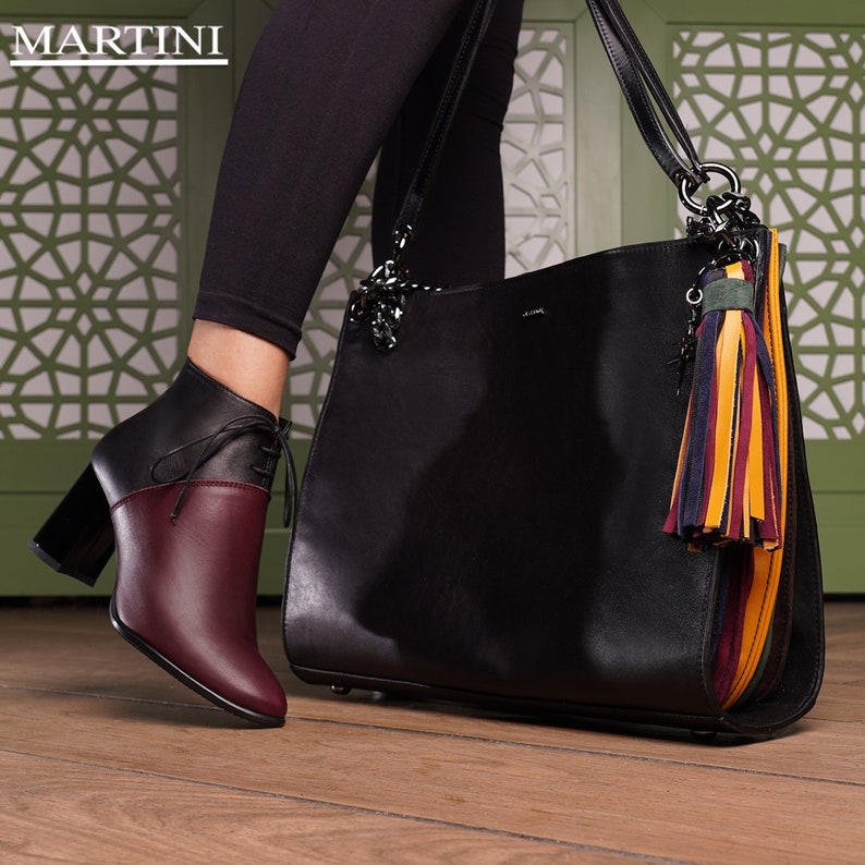 Women Boots ~ Black Leather High Heel Boots ~ Women Boots ~ Elegant High Heel Boots ~Tie Ankle Boots ~ Burgundy Shoes ~ Genuine Leather