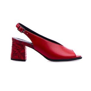 Red Leather Sandals: Geometric Heel, Chunky Heel, Handmade