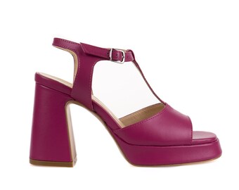 Unique Pink Sandals with High Chunky Heel and Platform ~ Natural Leather ~ Ankle Strap Sandals ~ Open Toe Shoes ~ Pink Extravagant Pumps