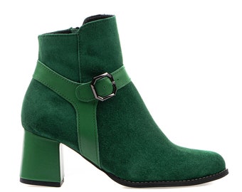 Green Ankle Boots ~ Suede Leather Boots ~ Stylish Chunky Heels ~ Flare Heels ~ Zipper Boots ~ Elegant Booties ~ Boots with Buckle