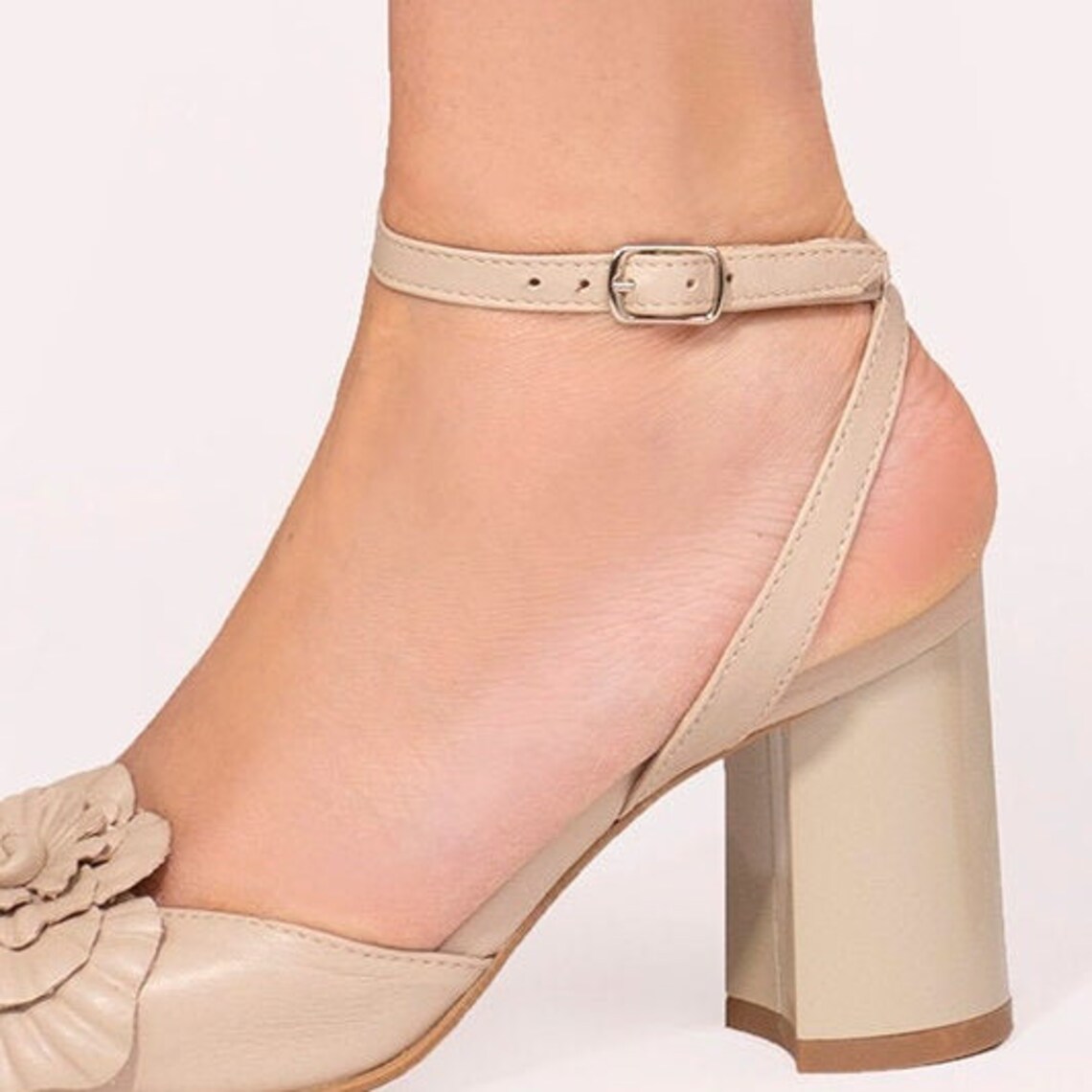 Beige Mary Jane Sandals with Chunky Heels and Big Flower Etsy