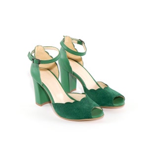 Green Suede Mary Jane Sandals with Chunky Heel ~ Natural Leather ~ Ankle Buckle Strap ~ Chunky High Heel ~ Open Toe Pumps ~ Elegant Heels