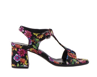 Floral Print Sandals with Ankle Strap in Black ~ Natural Leather ~ Black Chunky Heel Sandals ~ Open Toe Chunky Pumps ~ High Summer Shoes