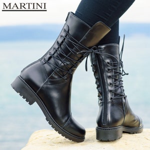 Black Leather Boots with Zipper and Laces for Women ~ Ties Boots ~ Genuine Leather Boots ~ Chunky Heel Boots ~ Warm Boots ~ Comfort Boots