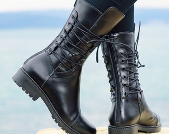 Handmade Black Leather Ankle Boots: Chunky Heel, Zipper & Ties