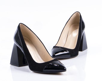 Elegant Black Pumps from Suede and Patent Leather with Extravagant Heel ~ Natural Leather ~ High Chunky Heel ~ Pointy Toe ~ Beige Sole