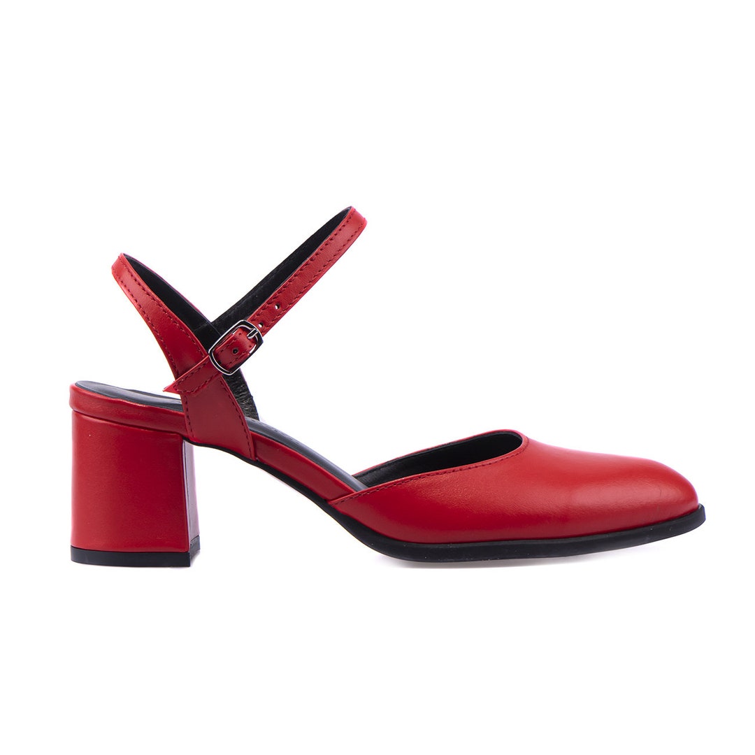 Women's Red Mary Jane Shoes With Open Heel Natural Leather Chunky Heel Shoes Pointy Toe Shoes