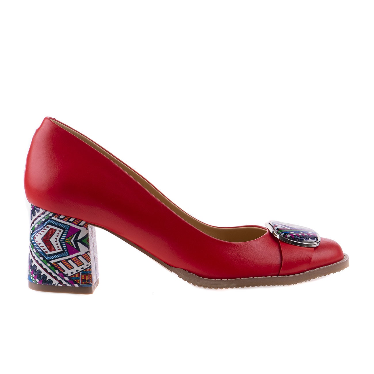 Elegant Red Women's Shoes With Patterned Heel and Ornament 