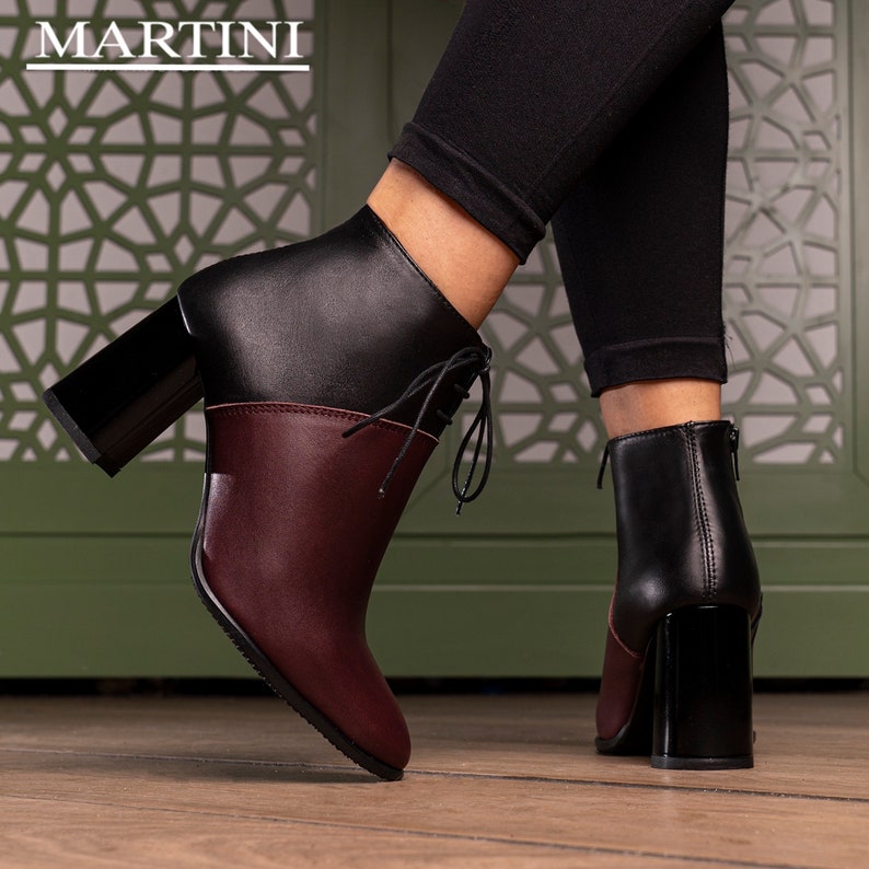 Women Boots ~ Black Leather High Heel Boots ~ Women Boots ~ Elegant High Heel Boots ~Tie Ankle Boots ~ Burgundy Shoes ~ Genuine Leather
