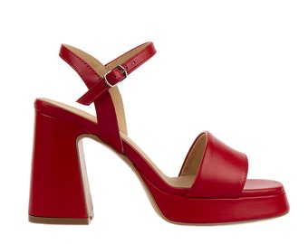 Unique Red Sandals with High Chunky Heel and Platform ~ Natural Leather ~ Ankle Strap Sandals ~ Open Toe High Shoes ~ Red Extravagant Pumps