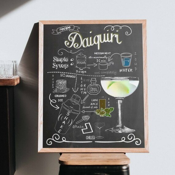 Daiquiri Cocktail Recipe Chalkboard Printable Kitchen Wall Etsy