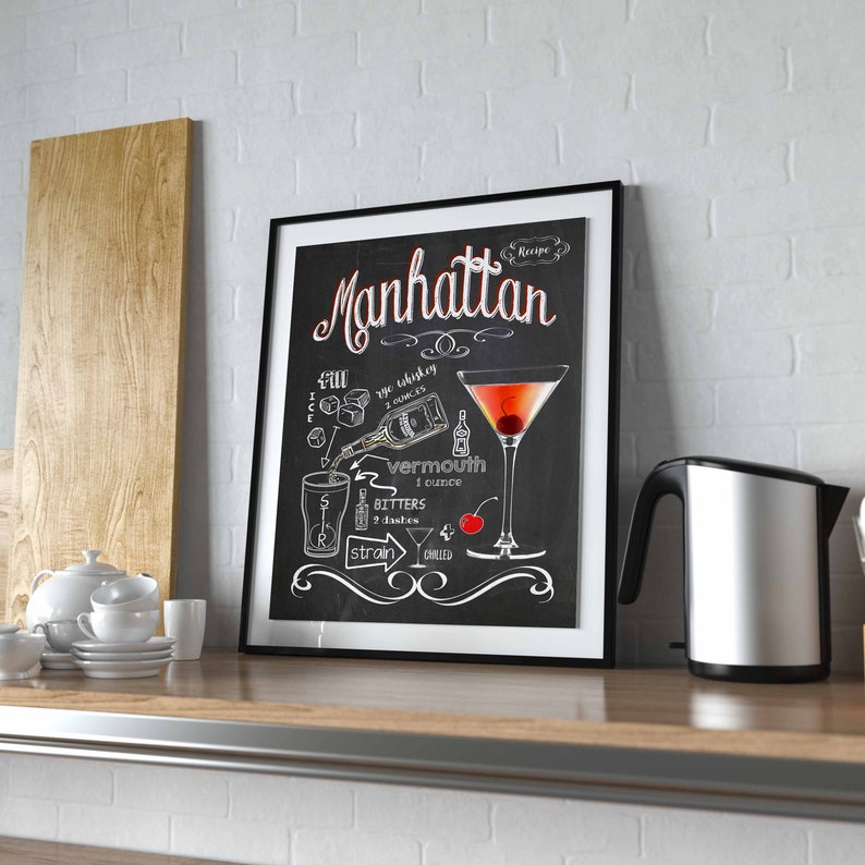 Manhattan Cocktail Recipe On Chalkboard Printable Cafe Bar | Etsy