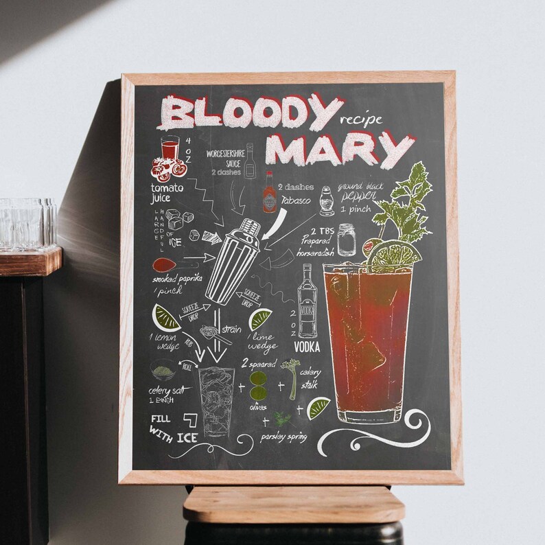 Bloody Mary Recipe Chalkboard Cocktail Printable Bar Sign Etsy