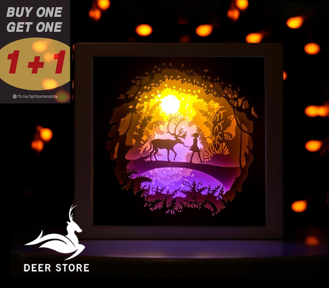 Paper Cut Light Box Template Deer and Girl, Papercut Lighbox SVG File ...