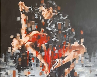 May include: A painting of a couple dancing the tango. The man is wearing a black jacket and the woman is wearing a red dress. The background is a dark gray with a pixelated effect.