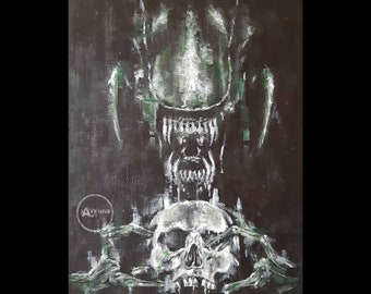 Alien Xenomorph and Skull: Original Framed Acrylic Painting