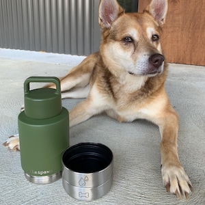 Dog Travel Water Bottle with Bowl – 1L Stainless Steel, Leak-Proof, Insulated, Eco-Friendly – Hiking, Beach, Summer Pet Gear