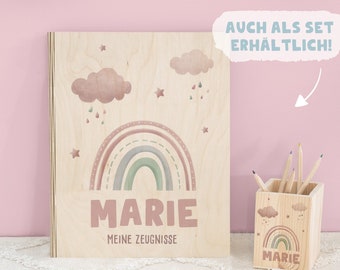 Personalized report card folder for girls, wood with custom design, back-to-school gift, schoolchild back-to-school present, report card folder ring binder