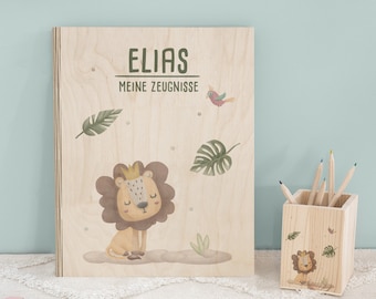 Personalized certificate folder ring binder made of wood + desired motif and name, gift for starting school, starting school gift for school child, school