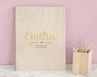 Personalized certificate folder girl wood with 3D name, gift for starting school, school child starting school gift, certificate folder ring binder