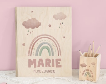Personalized certificate folder for girls, wood with desired motif, gift for starting school, school child starting school gift, certificate folder ring binder