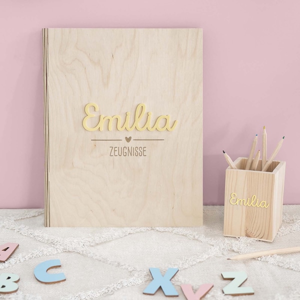 Personalisierte Zeugnismappe Mädchen Holz mit 3D-Name, Geschenk zur Einschulung, Einschulungsgeschenk Schulkind, Zeugnismappe Ringbuch