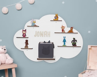 Personalisiertes Toniefiguren Regal Holz, Aufbewahrung für Tonies und Toniebox 1 und 2, Geschenk Kinder Regal Wolke mit Magnetband, 40x60cm