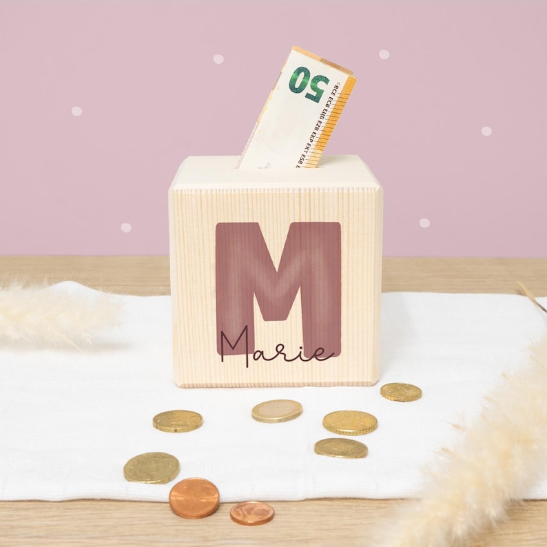 Personalized wooden money box "Letter" - Birthday gift - Back to school gift - Wooden baby money box - Birth - hellomini rosa