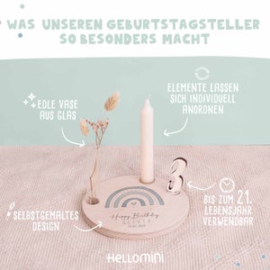 Personalisierter Geburtstagsteller Regenbogen aus Holz mit Kerzenhalter, Vase & Jahreszahlen Geburtstagsdeko 1. Geburtstag Baby Geschenk Bild 2