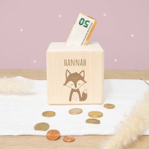 Personalisierte Spardose aus Holz "Fuchs" mit Name graviert ideal als Geschenk Geburtstag Weihnachten Einschulung Sparschwein