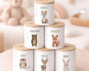 Hucha de cerámica personalizada para niños, hucha con tapa de bambú y estampado personalizado, hucha redonda, regalo de cumpleaños, hellomini