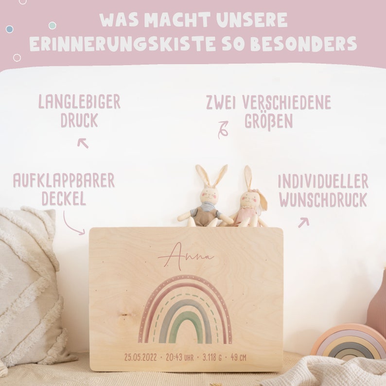 Personalisierte Erinnerungskiste Baby Regenbogen, Erinnerungsbox Kinder Holz, Geschenk zur Geburt, Taufgeschenk, Kindergeschenk, hellomini Bild 6