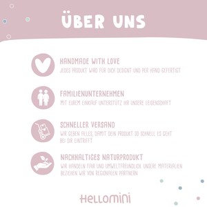 May include: A pink and white graphic with the text "&Uuml;ber Uns" in white. The graphic features four icons with text describing the company's values: Handmade with Love, Family Business, Fast Shipping, and Sustainable Natural Product.
