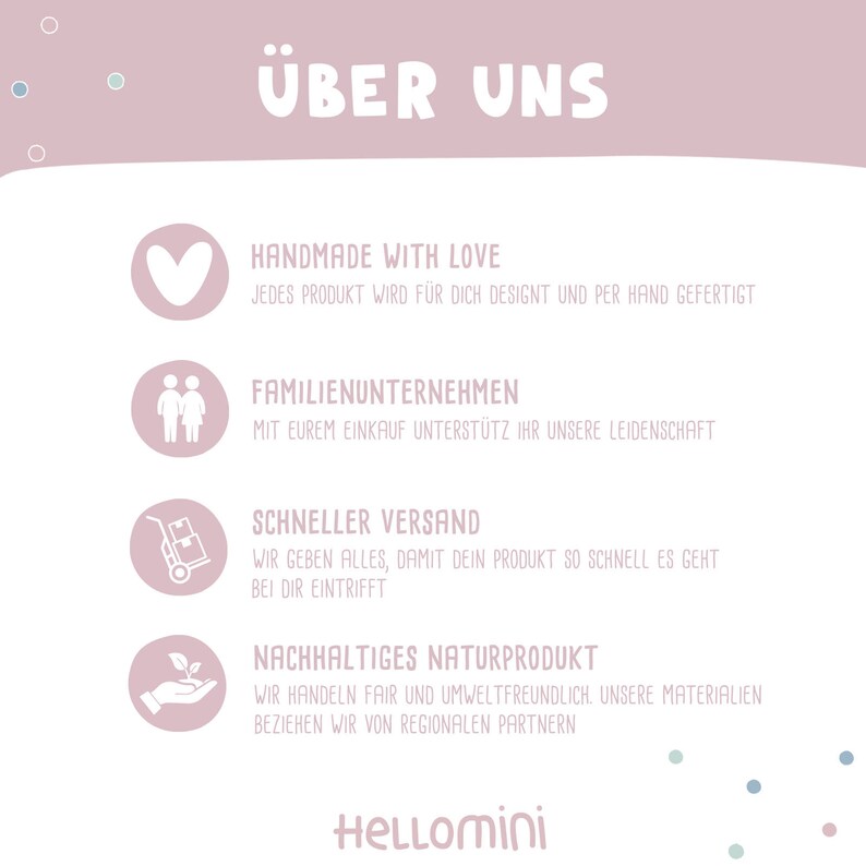 May include: A pink and white graphic with the text "&Uuml;ber Uns" in white. The graphic features four icons with text describing the company's values: Handmade with Love, Family Business, Fast Shipping, and Sustainable Natural Product.