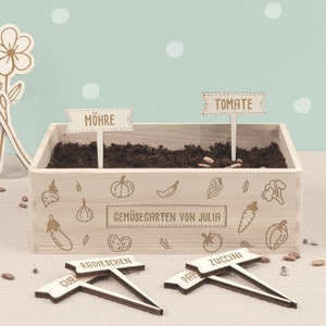 Personalisiertes Saatgut Anzuchtset mit Holzkiste inkl. Samen & Pflanzensteckern, Mini Garten Starter Kit, Wunschgravur, Geschenk für Kinder