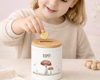 Personalized ceramic money box for girls, money box with bamboo lid, birthday gift for girls, birthday gift for daughter, hellomini